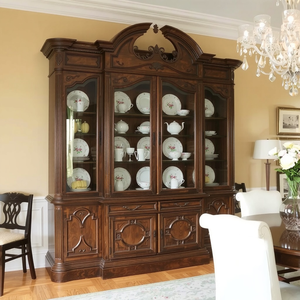 A vintage china cabinet filled with porcelain
