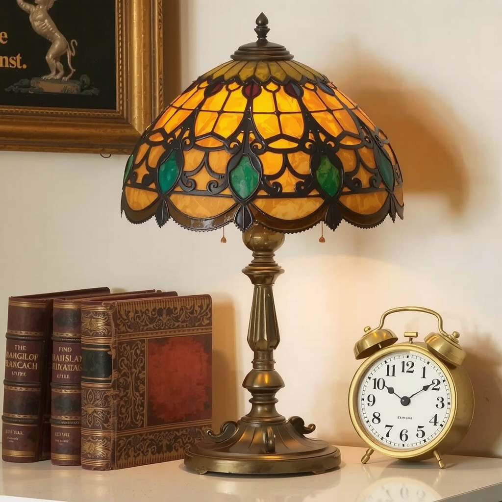 A vintage Tiffany-style lamp glowing warmly