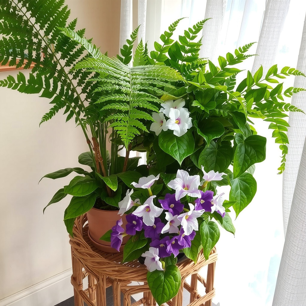 Lush ferns and violets on a wicker stand