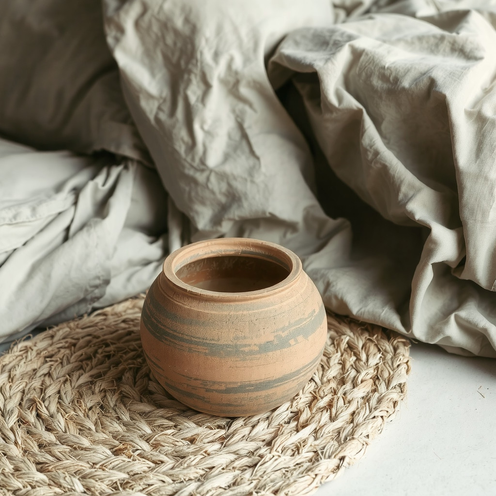Terracotta pot next to linen sheets