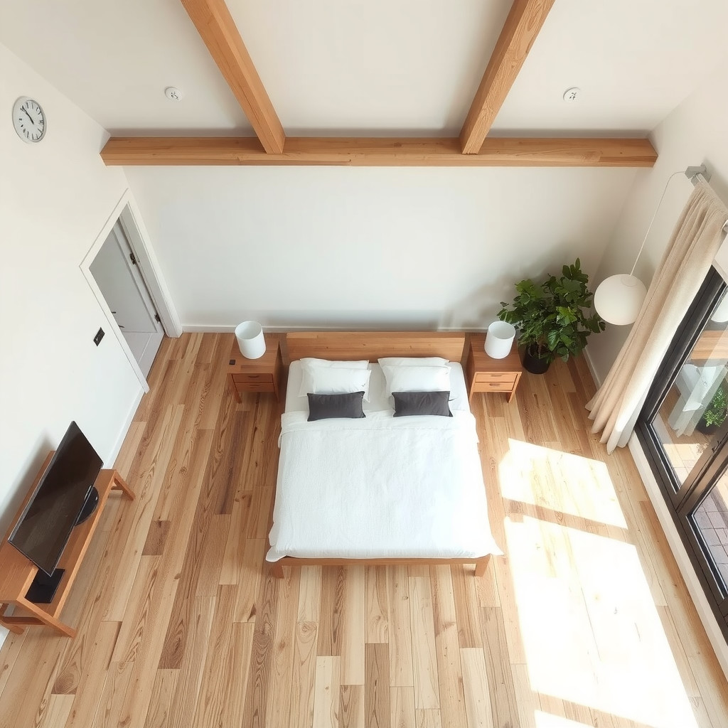 A minimalist bedroom layout viewed from above, showing a centered platform bed, floating wooden nightstands, and open walking paths on wide-plank flooring.