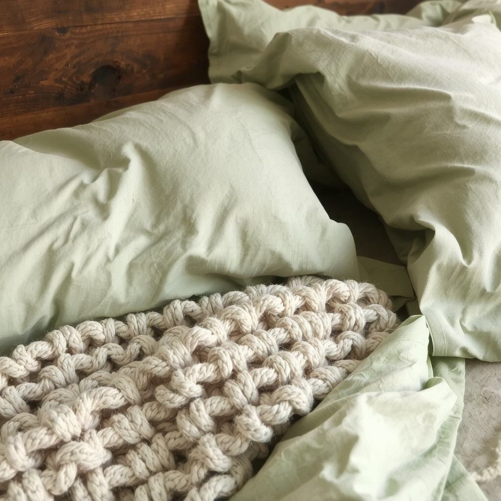 Close-up detail of a bed showing layers of crumpled sage green linen sheets, a textured oatmeal wool throw, and a reclaimed wood headboard.