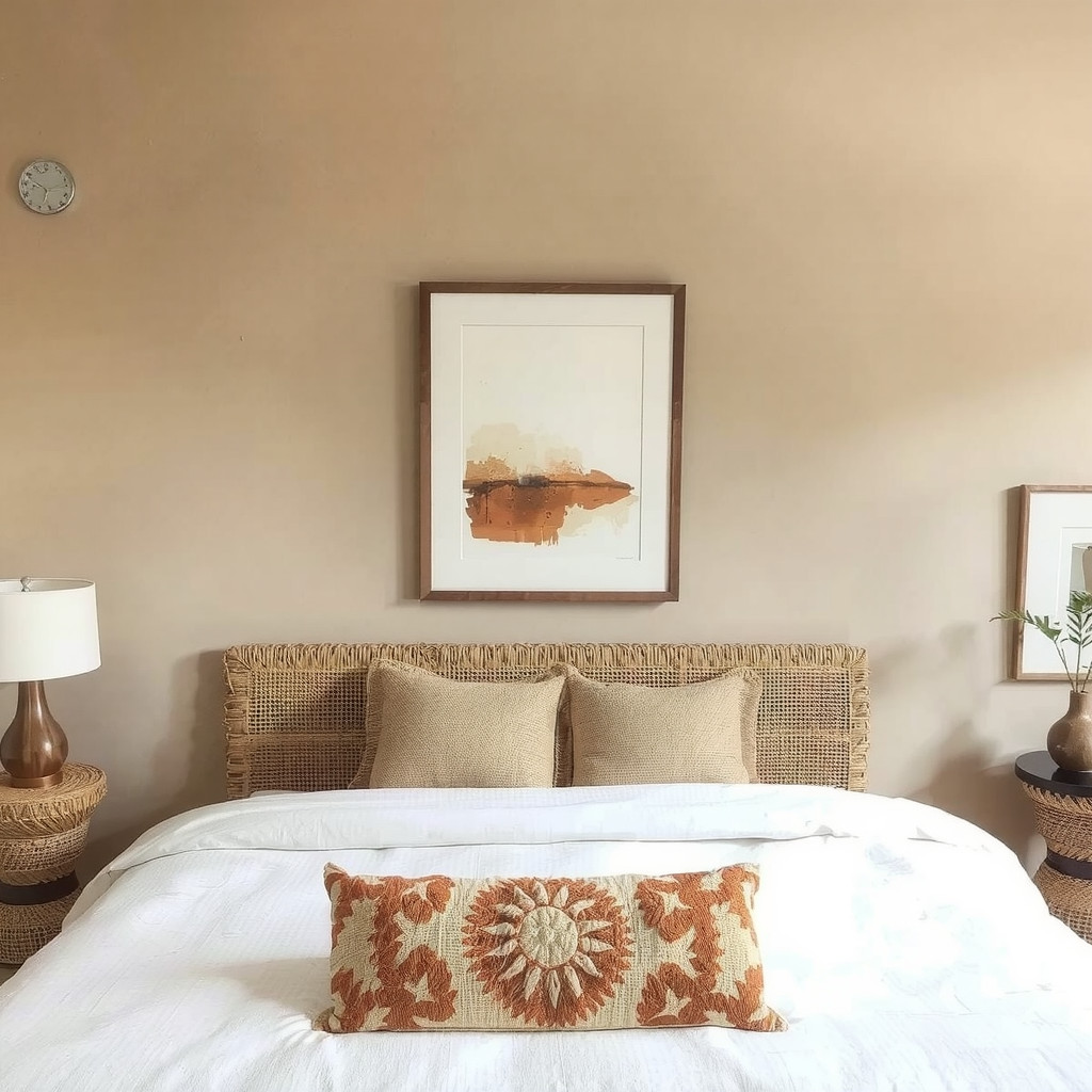 A bedroom focal point featuring a textured clay-colored limewash wall, a large woven rattan headboard, and a singular abstract art piece in muted earth tones.