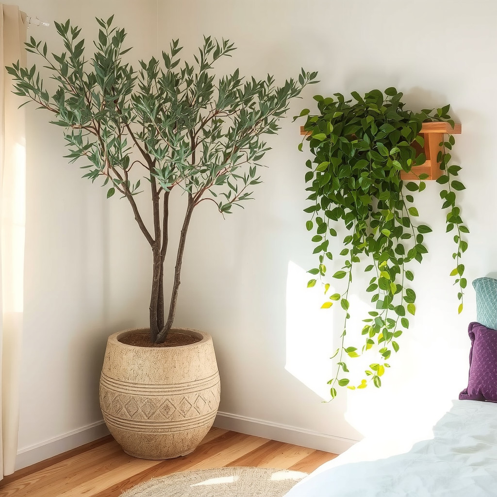 A sunlit corner of the bedroom featuring a large potted olive tree in a weathered stone planter and a trailing plant on a wooden shelf.