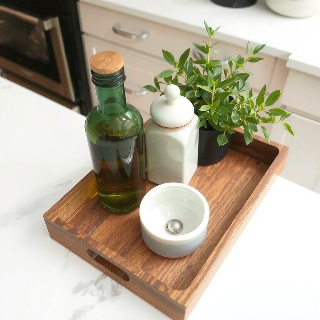 Organized kitchen counter with wooden tray and essentials