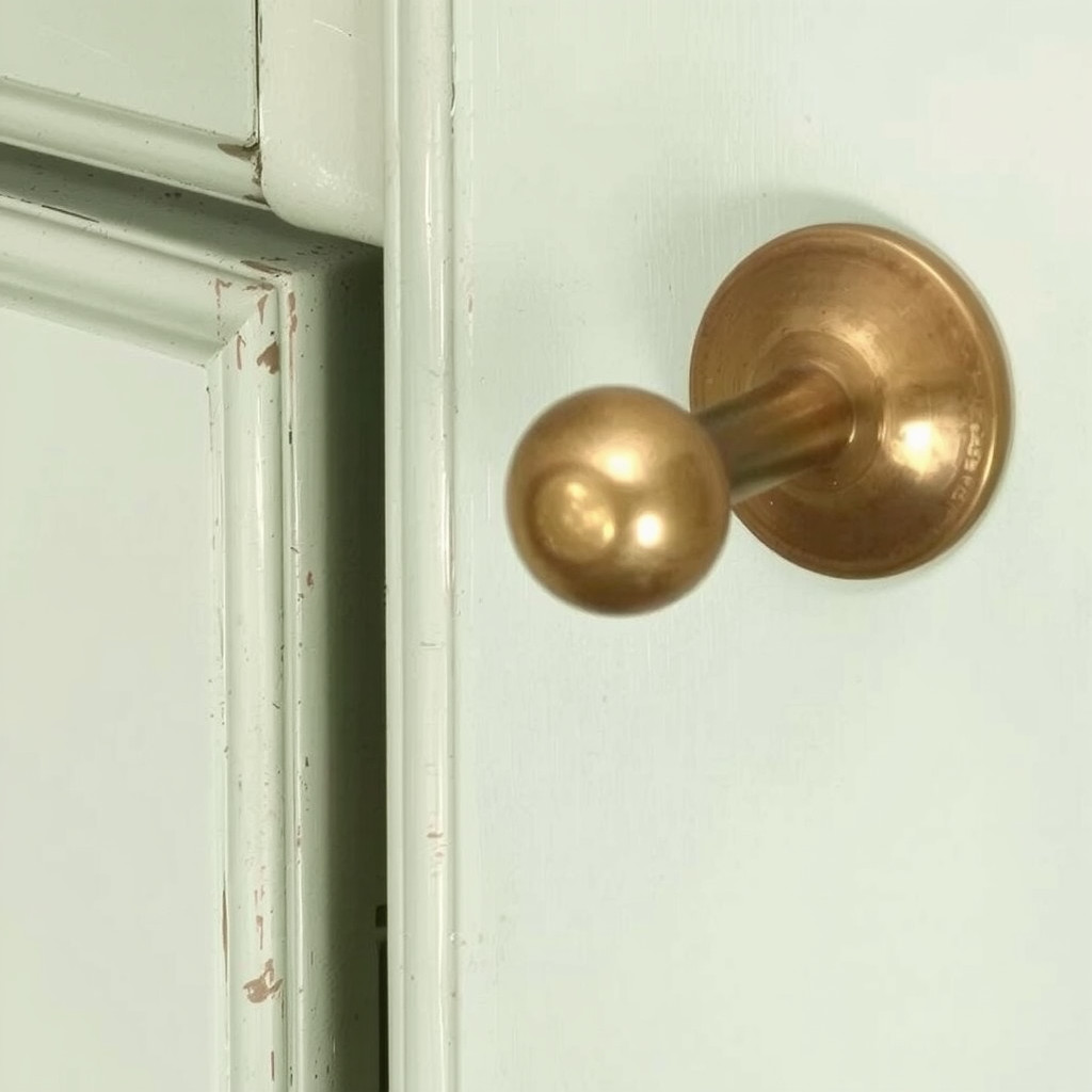 Close up of brushed brass cabinet handle on gray wood