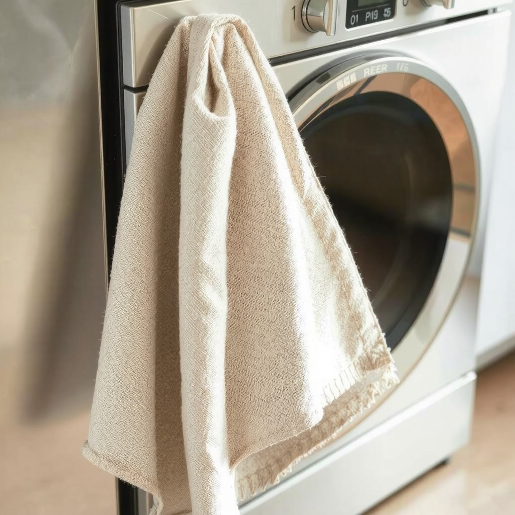 Textured linen kitchen towel hanging on oven handle
