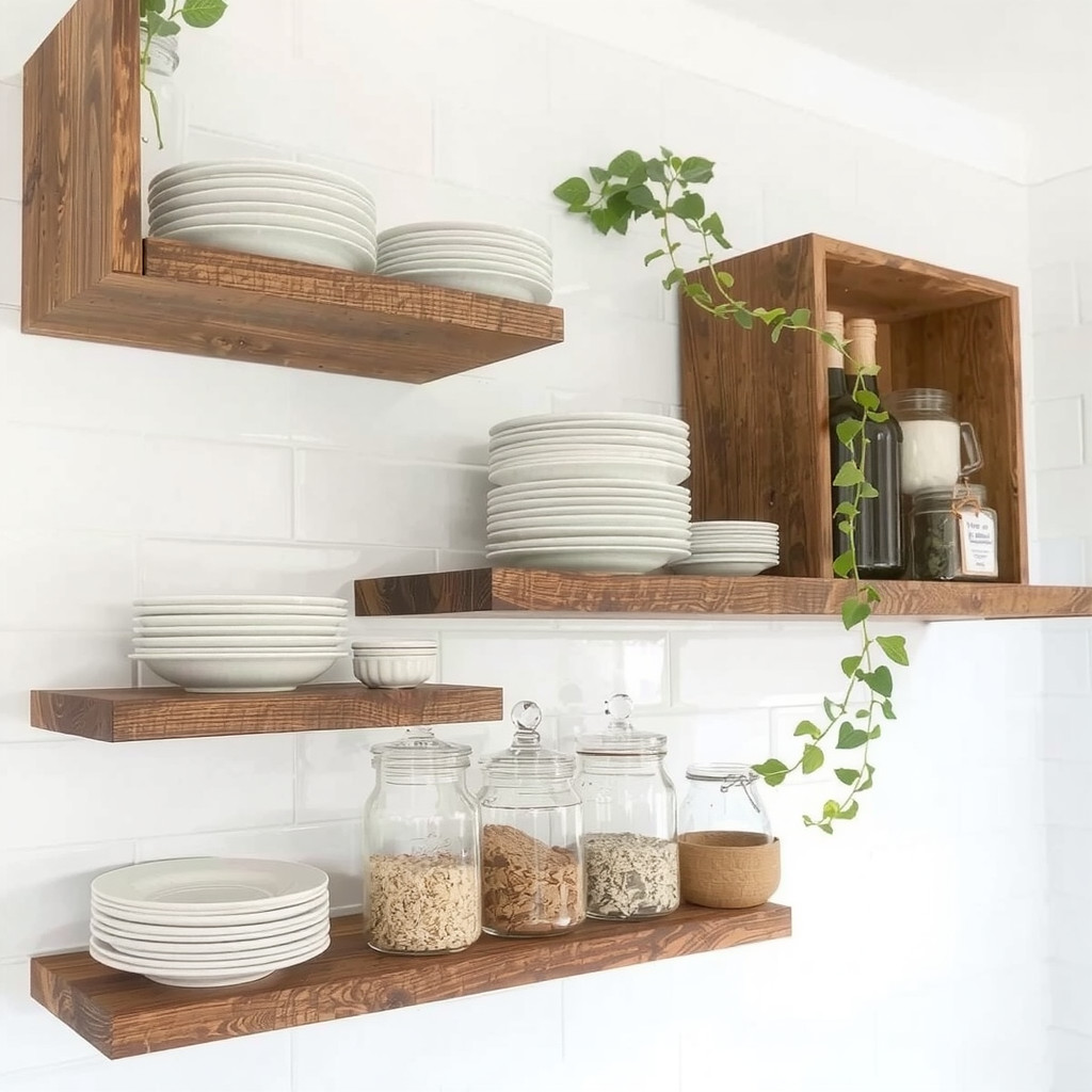 Styled open kitchen shelving with white ceramics