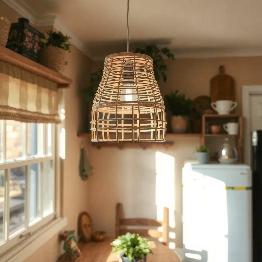 Woven rattan pendant light hanging in a kitchen