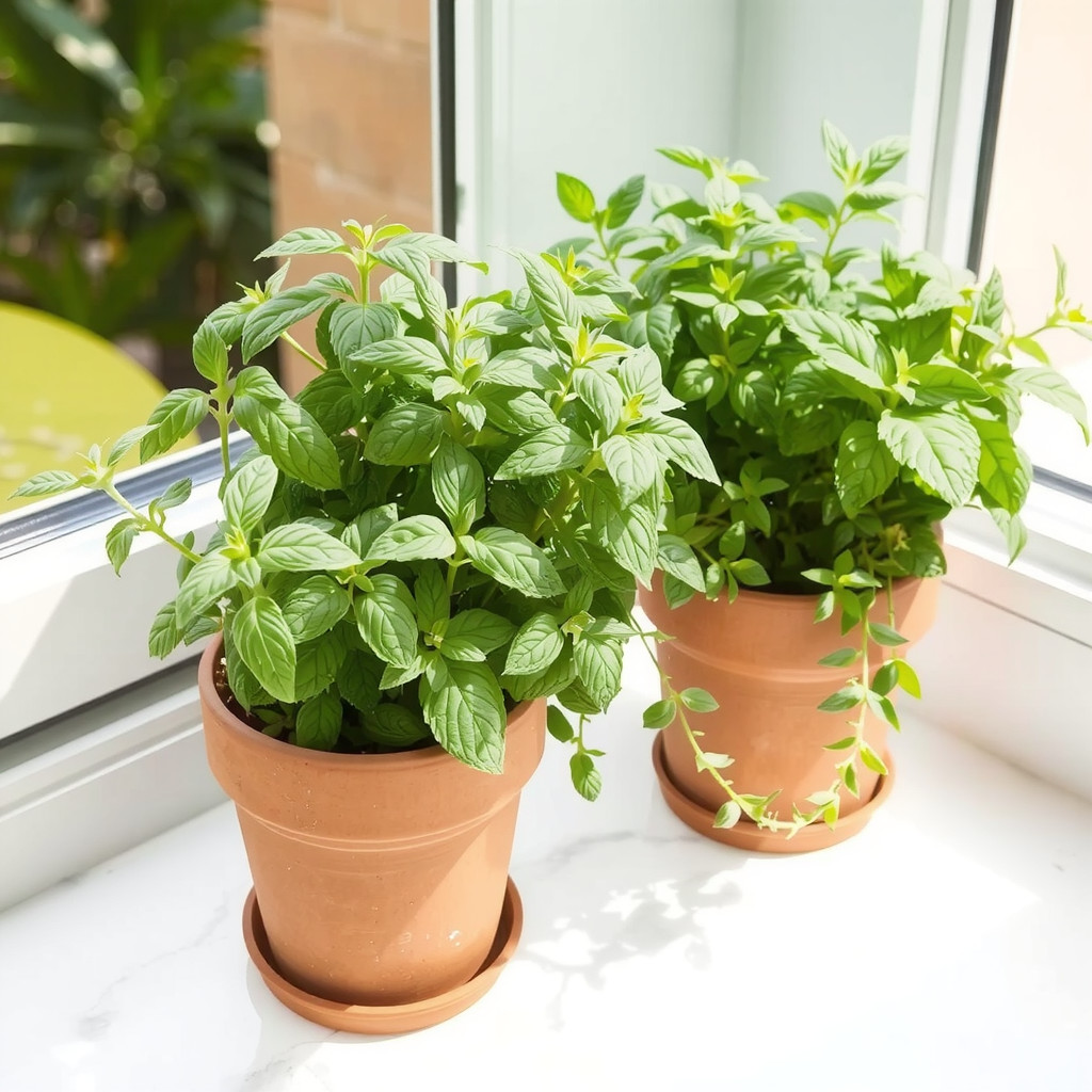 Potted herbs on a sunny kitchen windowsill