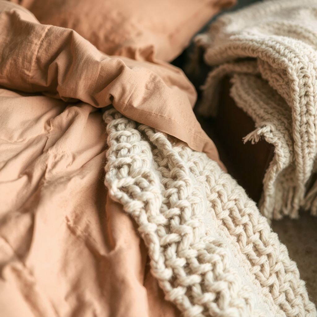 Close up of linen bedding and wood textures