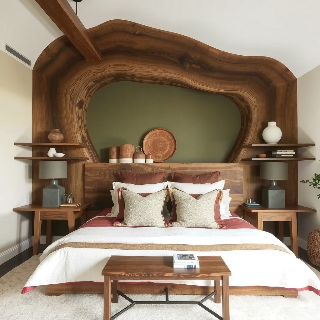 A wooden headboard acting as a focal point