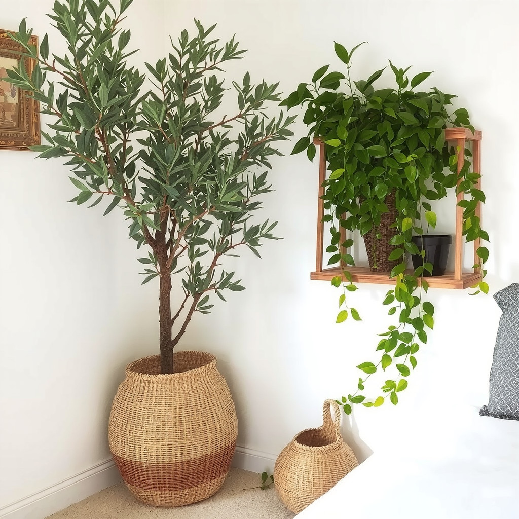 A bedroom corner filled with potted plants