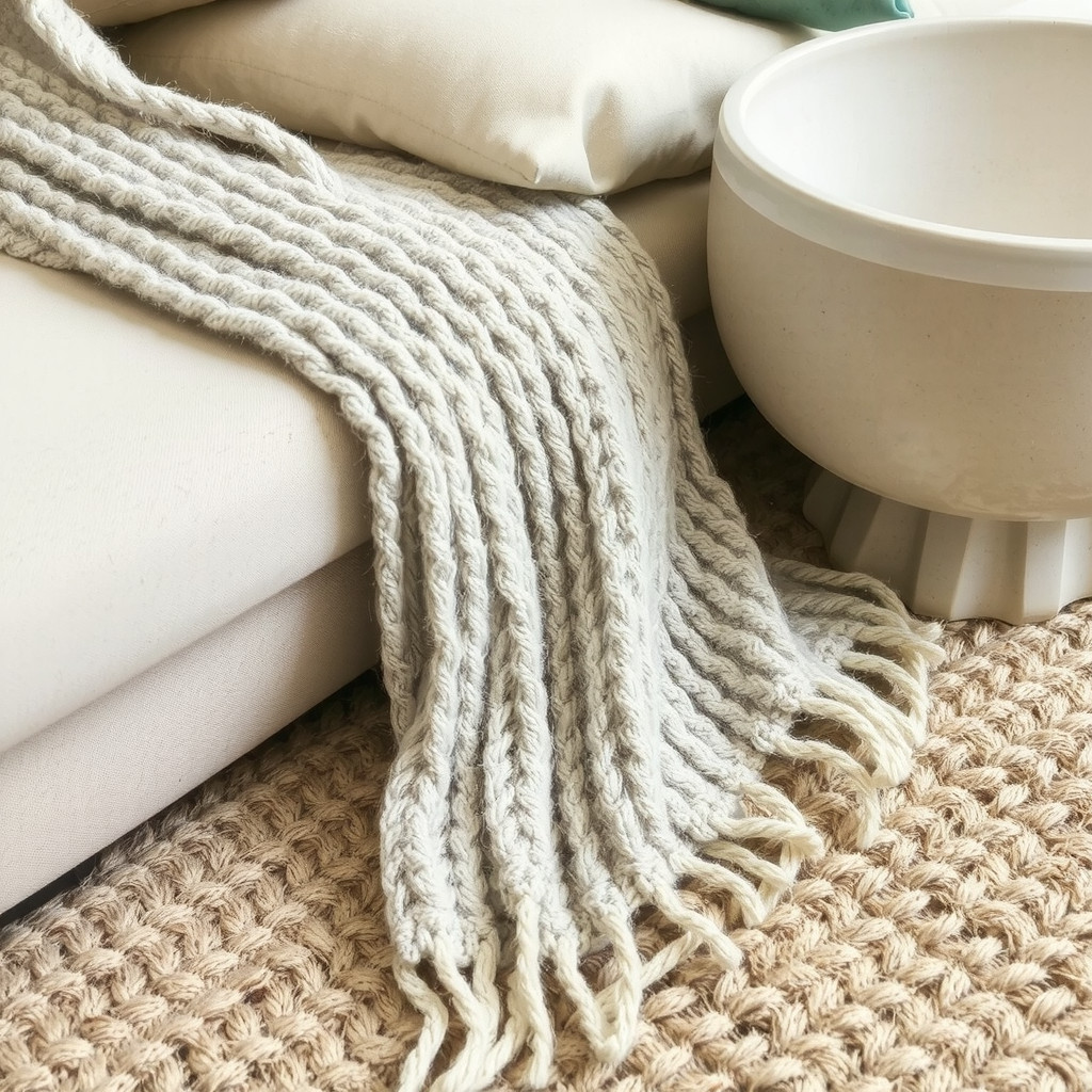 Close-up of layered textiles: linen, wool, jute