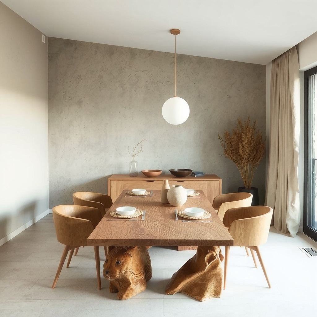 Dining room with sculptural wooden table and plaster wall