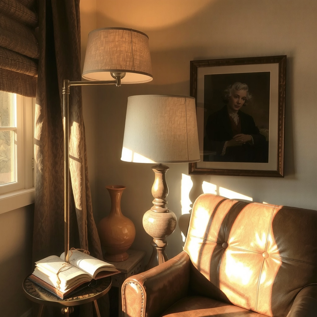 Reading corner with layered lamps and warm light
