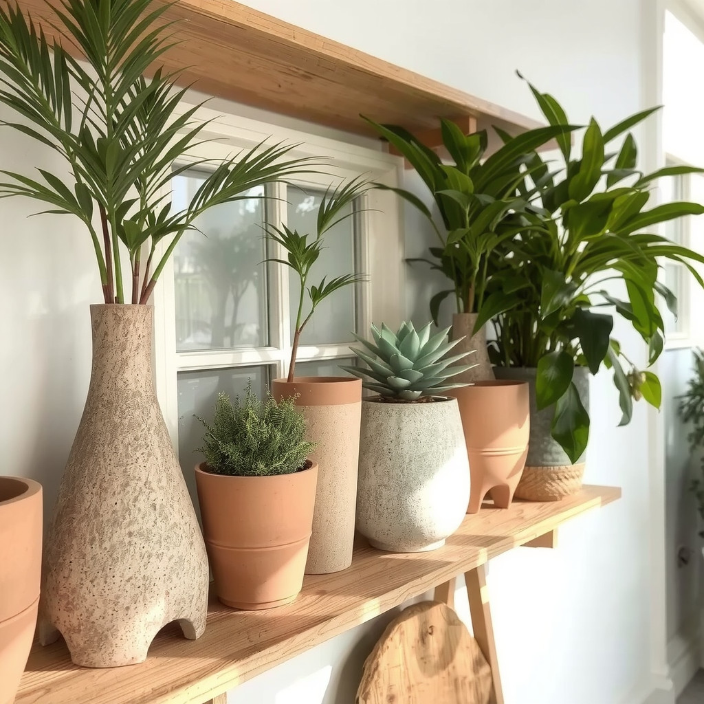 Wooden shelf with terracotta pots and sculptural plants