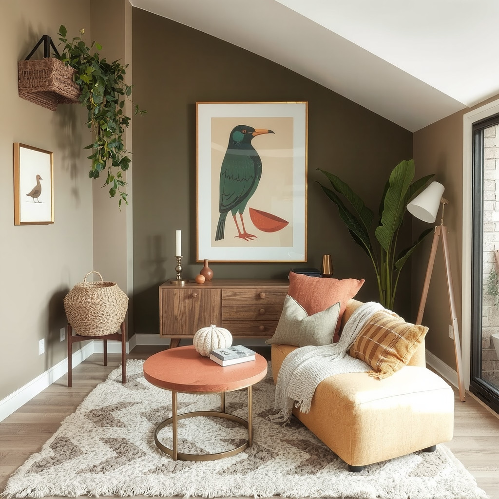 Cozy modern corner with brass accents and waxed wood