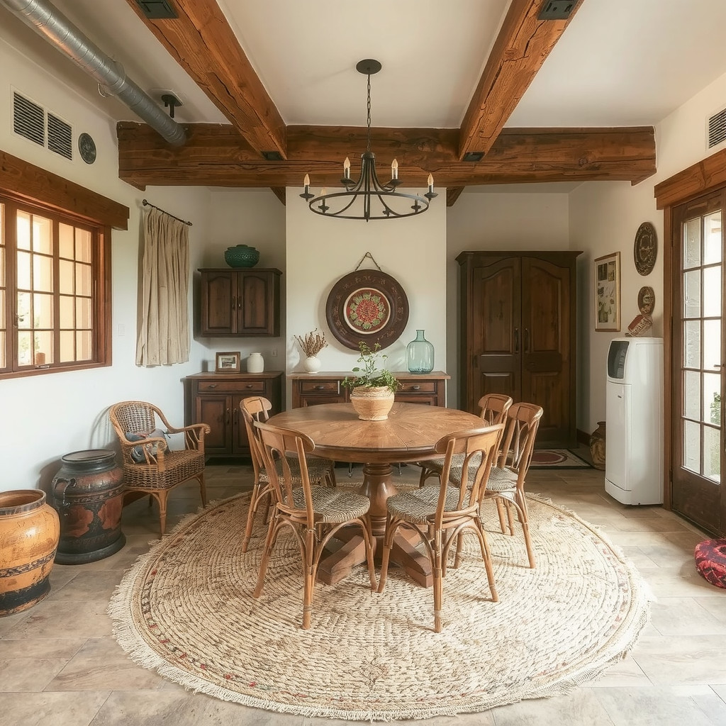 Rustic Mexican-inspired dining room with a wooden table and colorful tile accents
