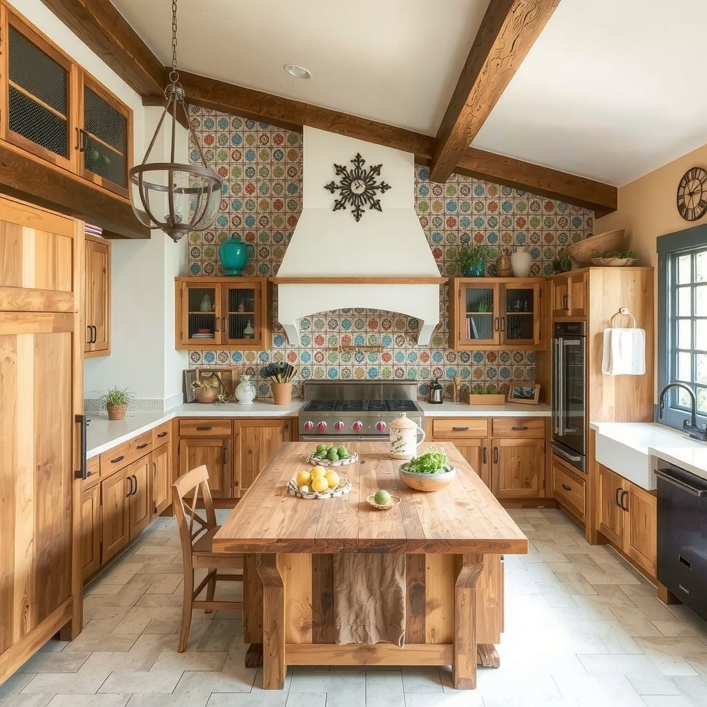 Rustic Mexican-inspired kitchen with a colorful tile backsplash and a reclaimed wood island