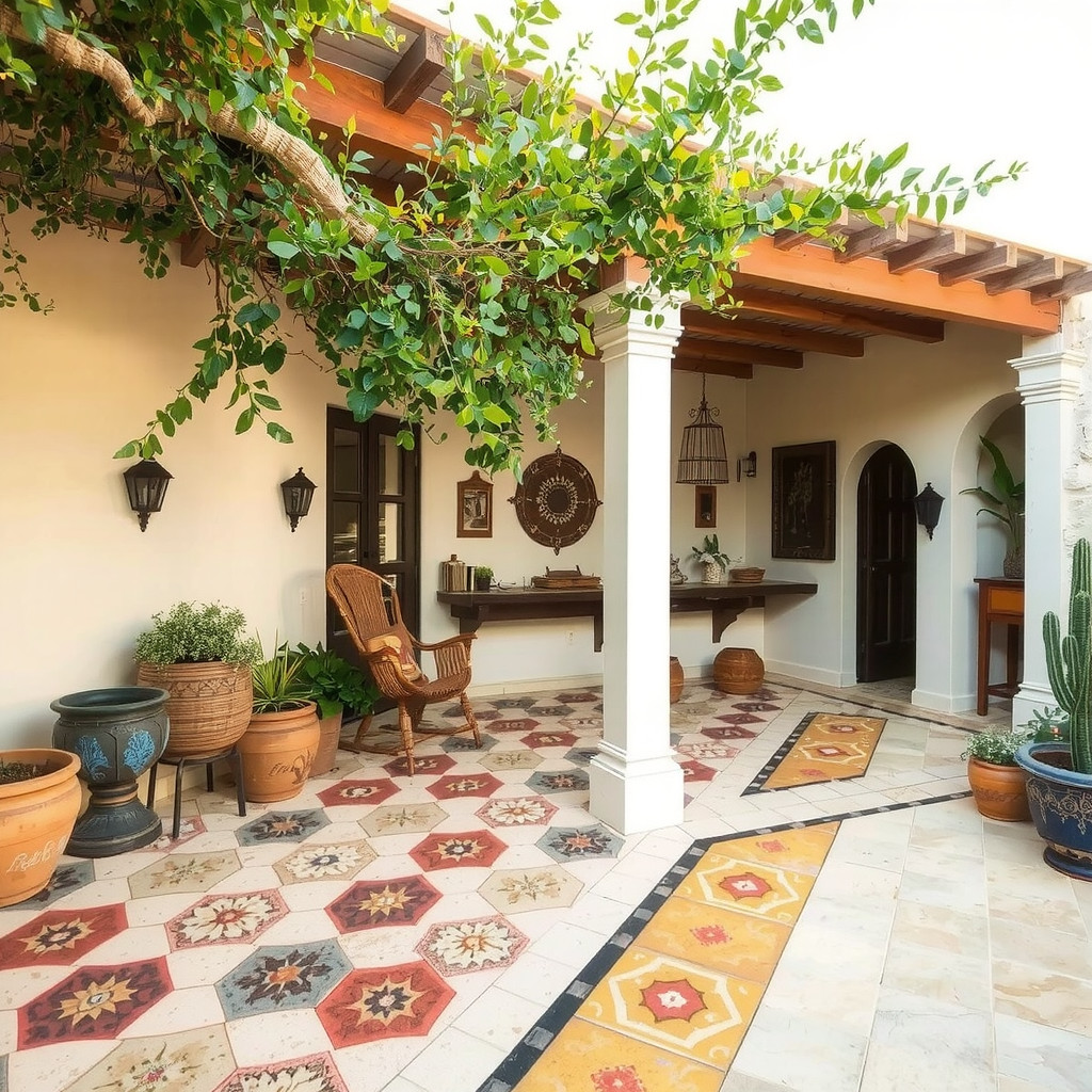 Rustic Mexican-inspired outdoor space with a colorful tile patio and a wooden pergola