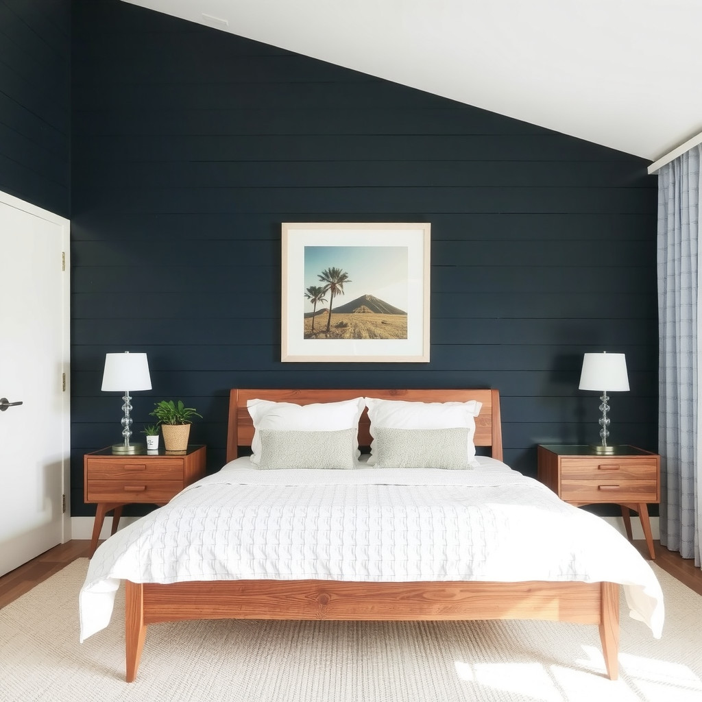 A perfectly symmetrical bedroom layout featuring a low-profile walnut bed frame against a deep navy shiplap wall, flanked by matching mid-century modern nightstands, showcasing a balanced and clutter-free aesthetic.