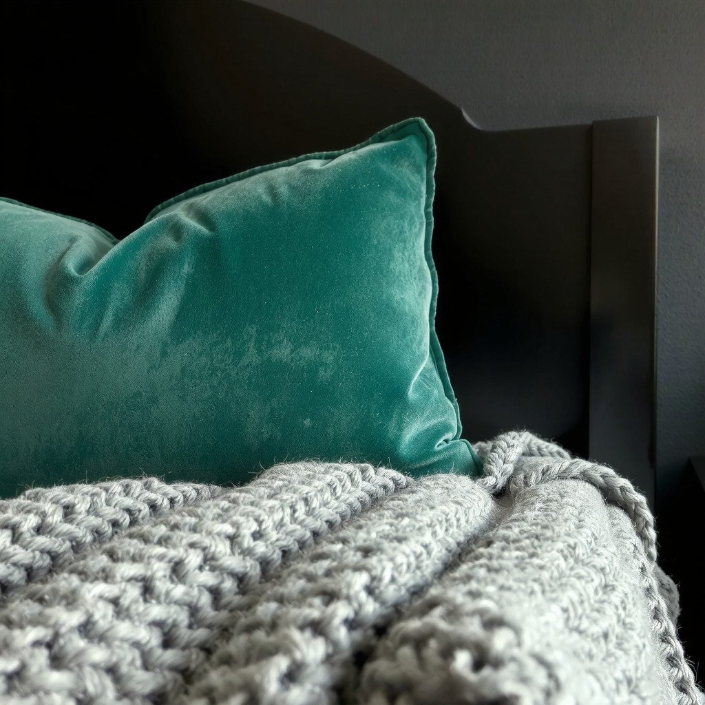 A close-up detail shot of rich textures in a dark bedroom, highlighting a crushed velvet emerald green throw pillow against a matte black wooden headboard and a coarse gray wool blanket.