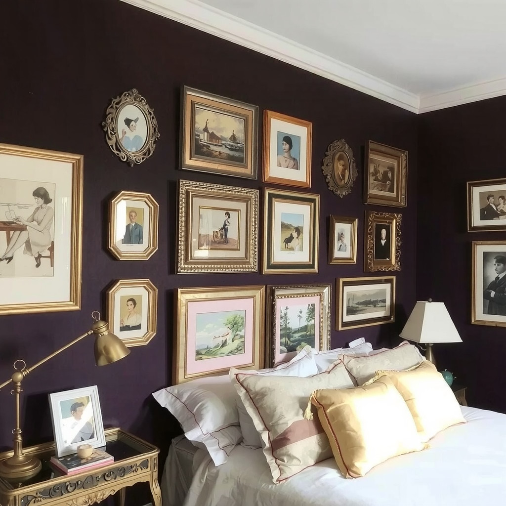 A dramatic bedroom focal point featuring a gallery wall of vintage art in gold frames hanging on a dark plum colored wall, illuminated by a focused picture light, creating a sophisticated gallery feel.