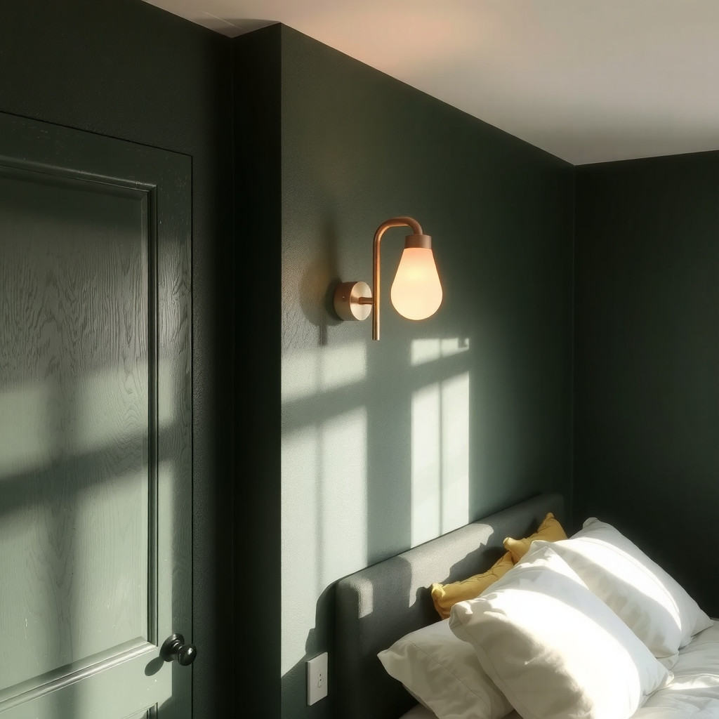 An atmospheric lighting setup in a bedroom with forest green walls, featuring a brushed brass wall sconce emitting a warm amber glow that casts soft, relaxing shadows across the texture of the wall.