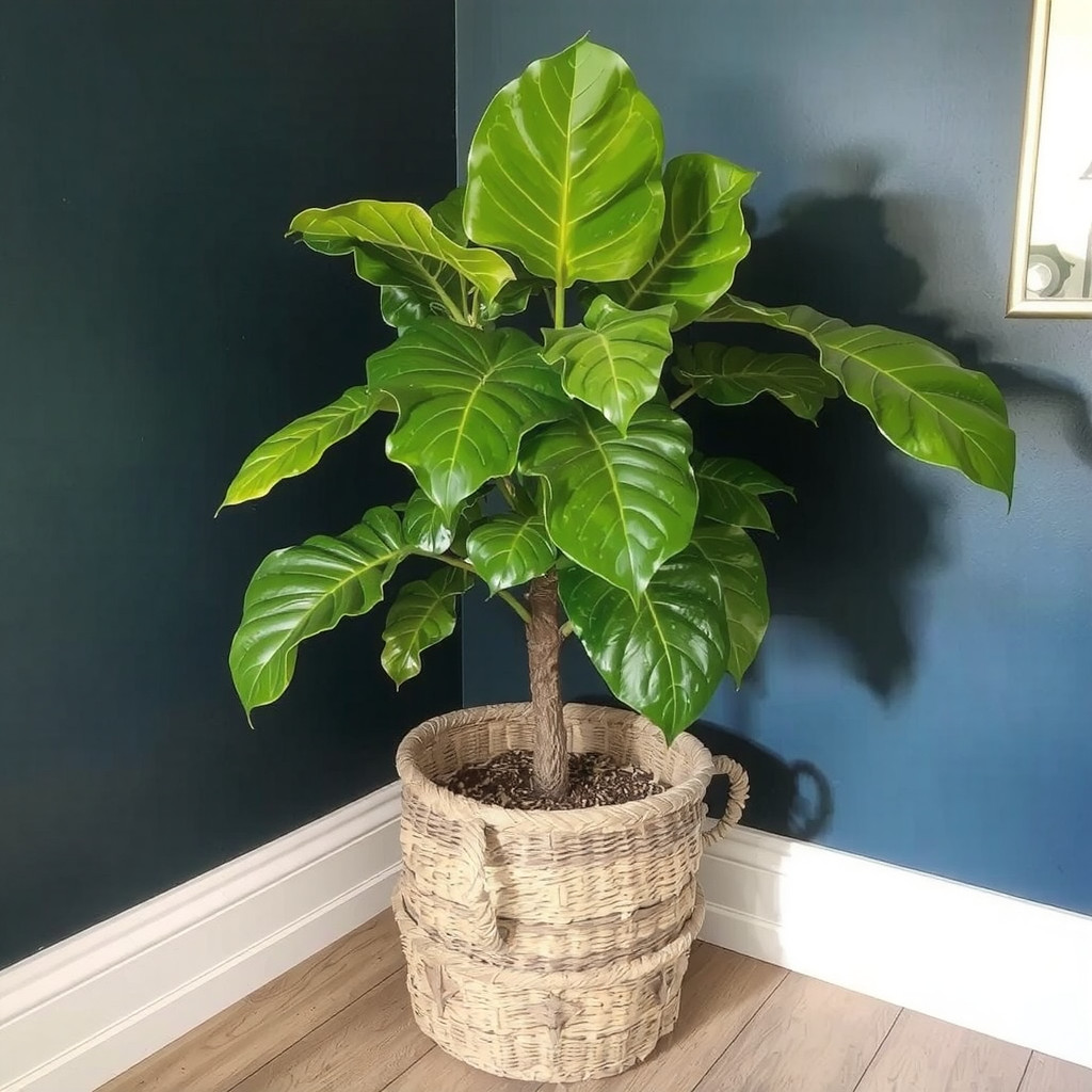 A vibrant fiddle leaf fig plant in a woven seagrass basket standing in the corner of a room with midnight blue walls, the green leaves providing a striking contrast against the dark, moody background.