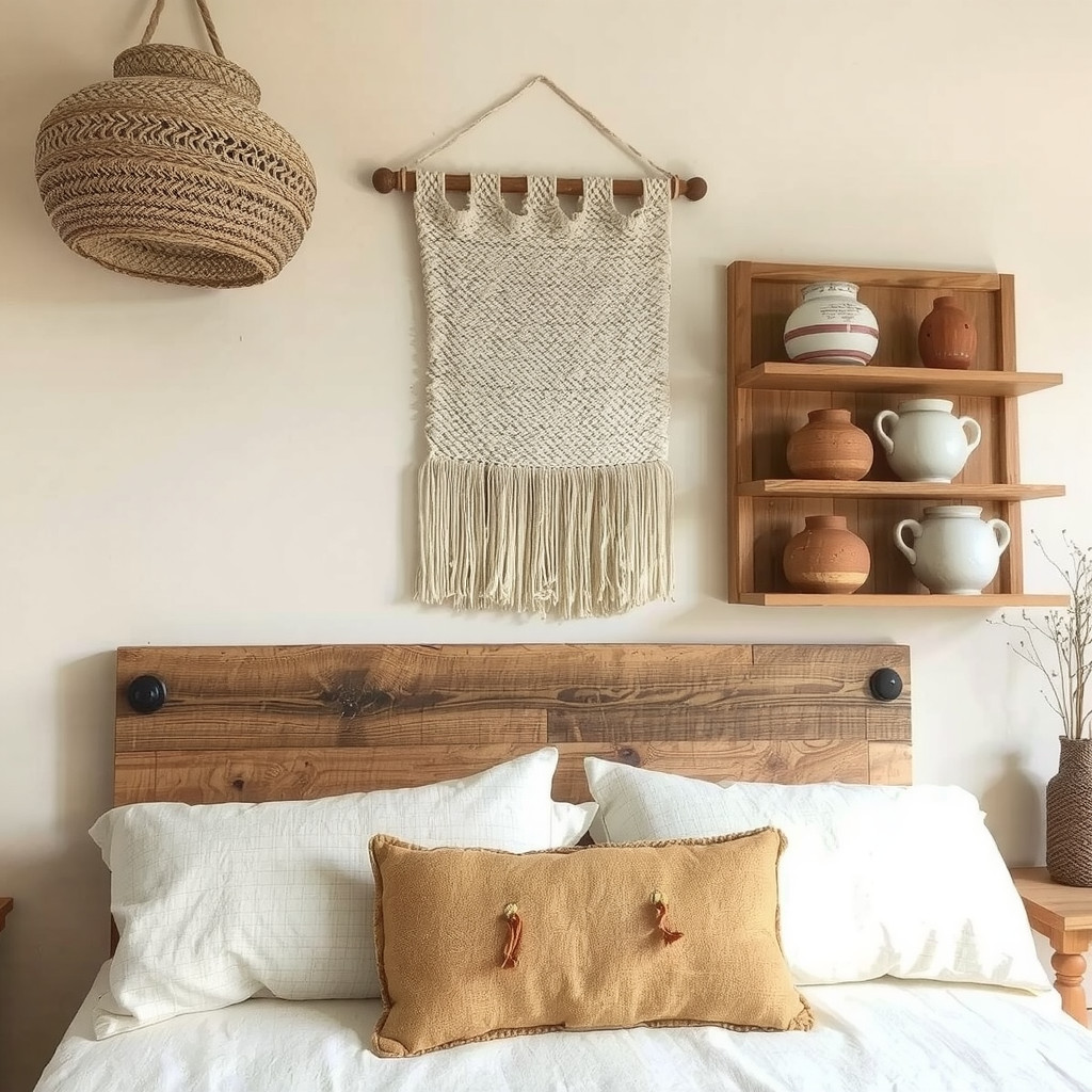 Rustic wooden headboard against a limewash wall