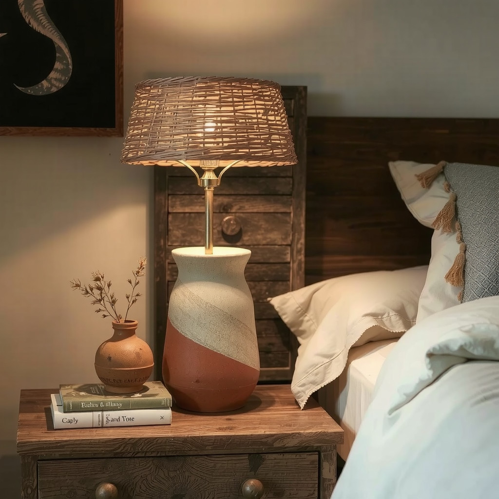 Warm bedside lighting with ceramic and rattan textures