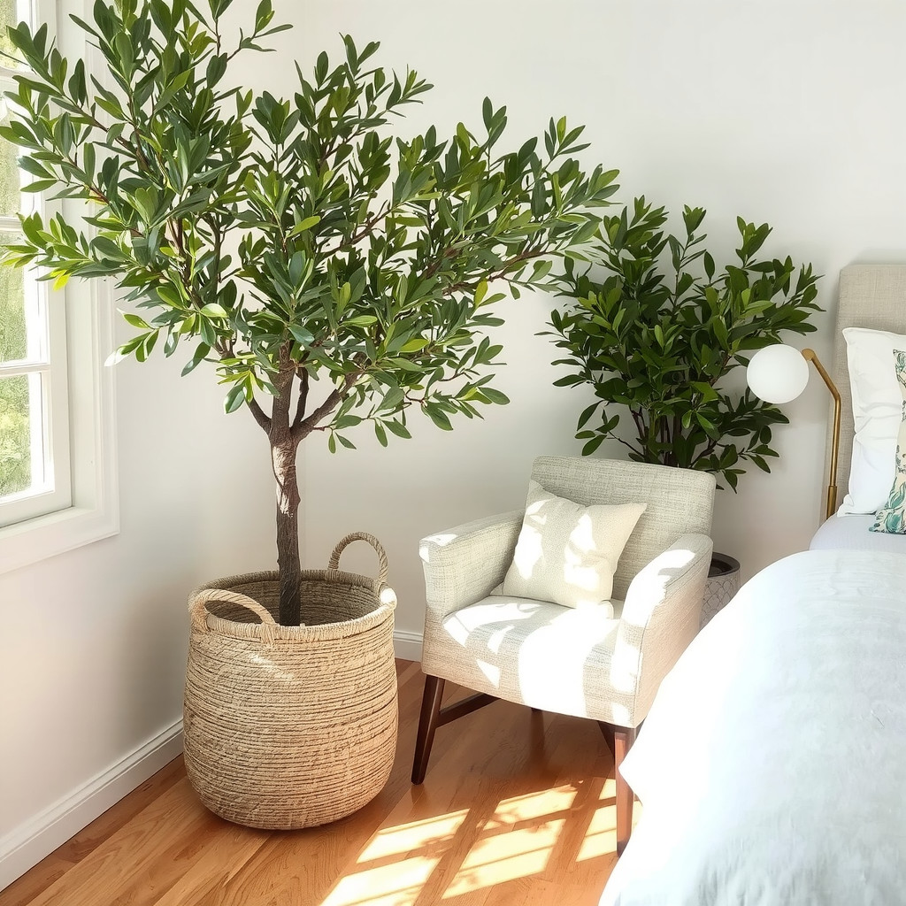 Bedroom corner with a large potted olive tree and sunlight