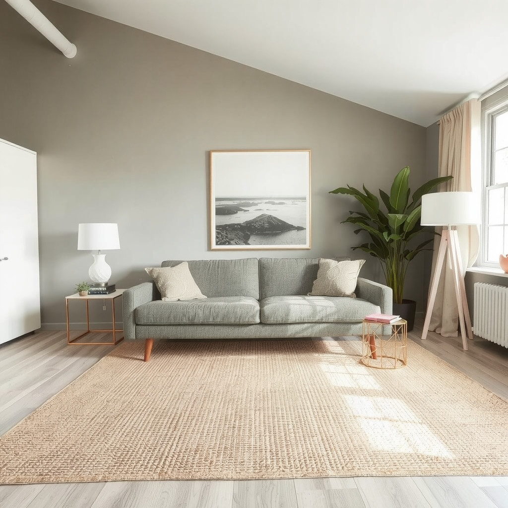 Sofa floated on jute rug with slim console behind