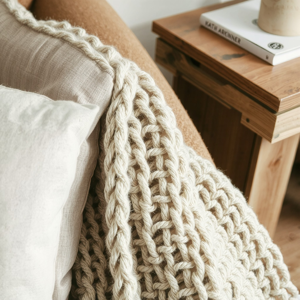 Close-up of linen cushion, chunky knit blanket, and reclaimed wood side table