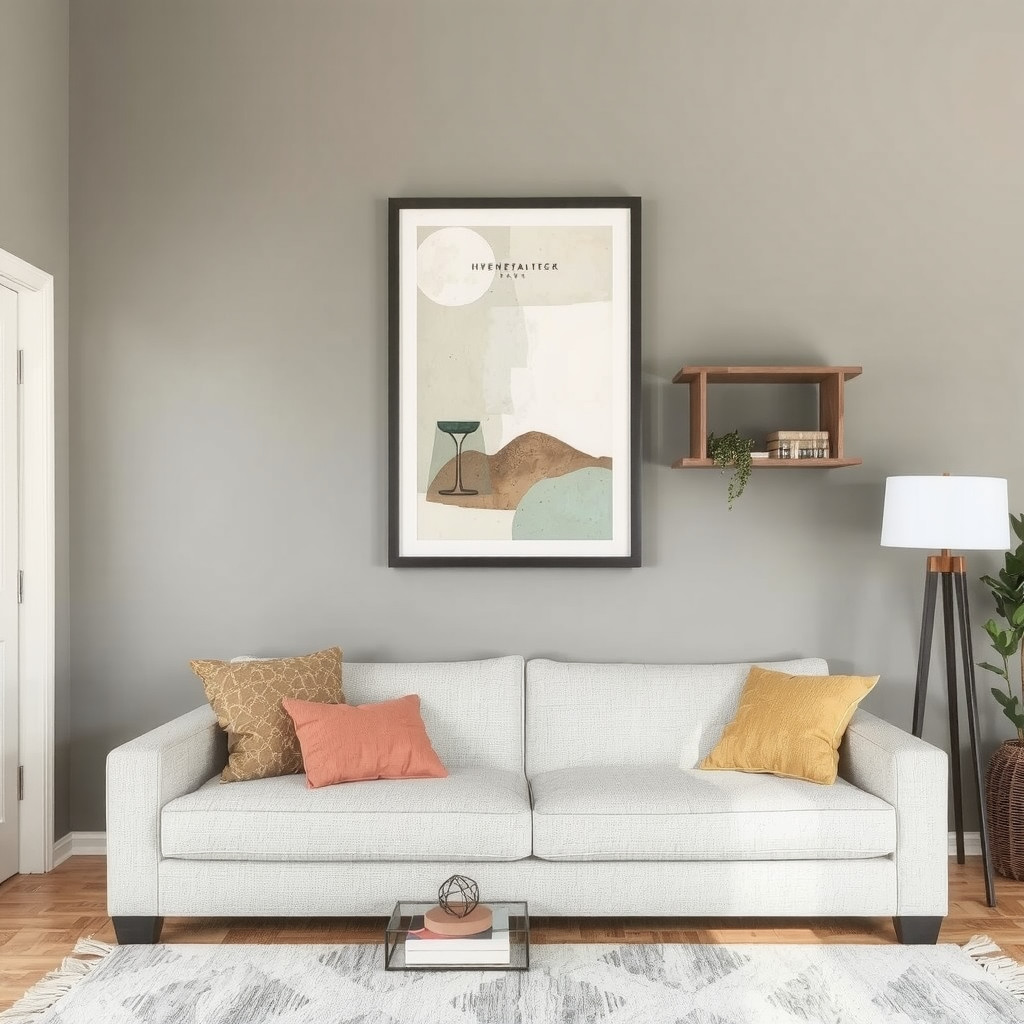 Muted abstract above sofa with balanced shelves and low-profile lamp