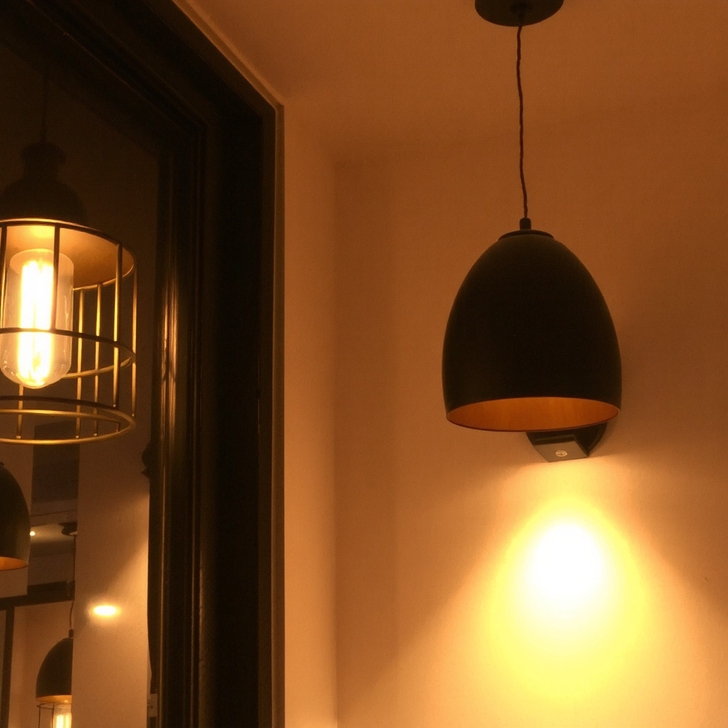 Pendant light, floor lamp, and subtle wall uplighting creating warm glow