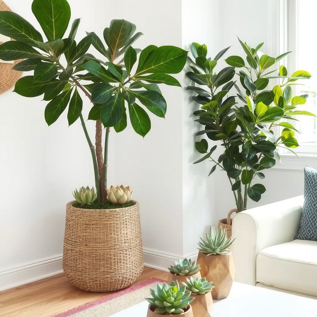 Corner with tall leafy plant in woven planter and tabletop succulents