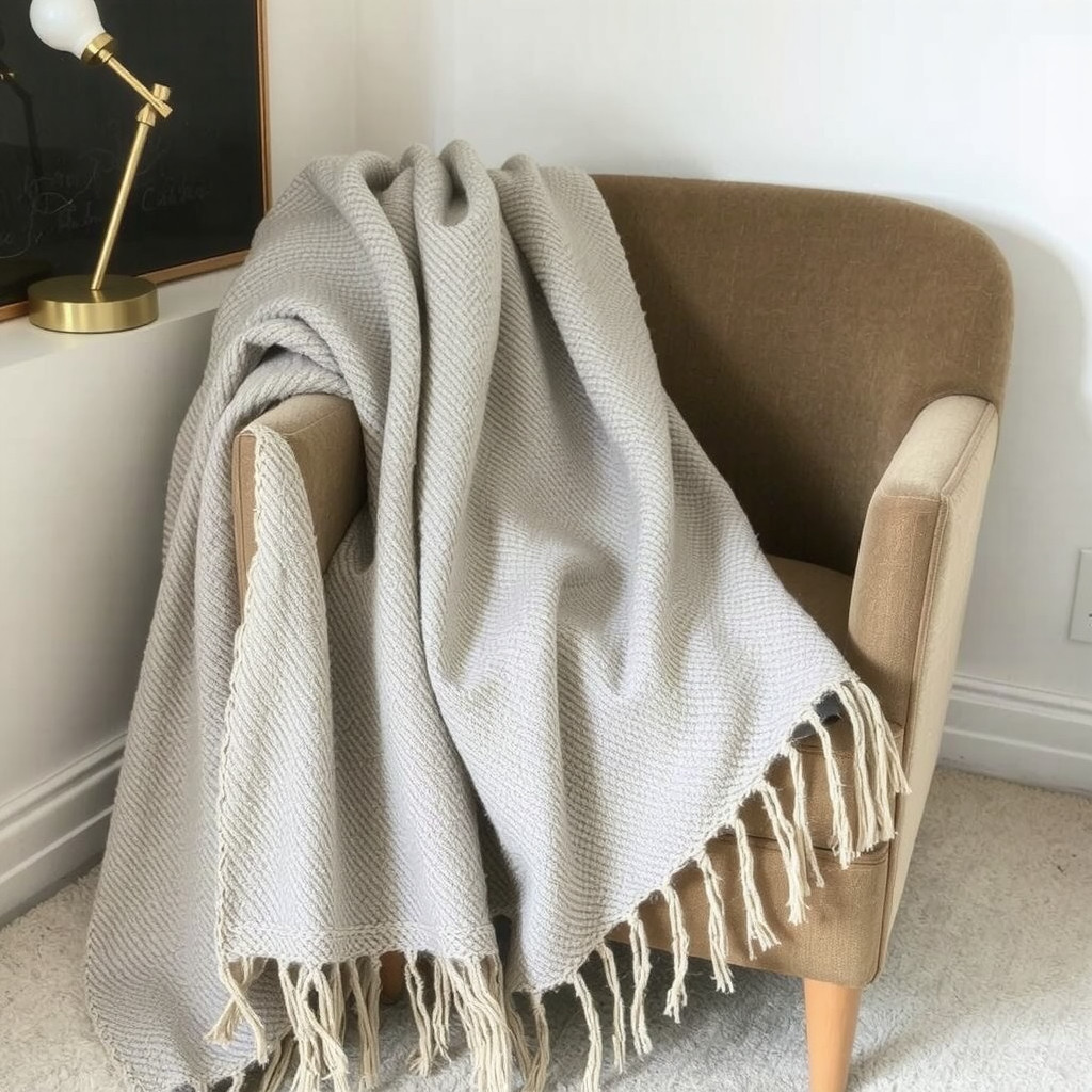 Textured throw folded on an armchair beside a minimal lamp