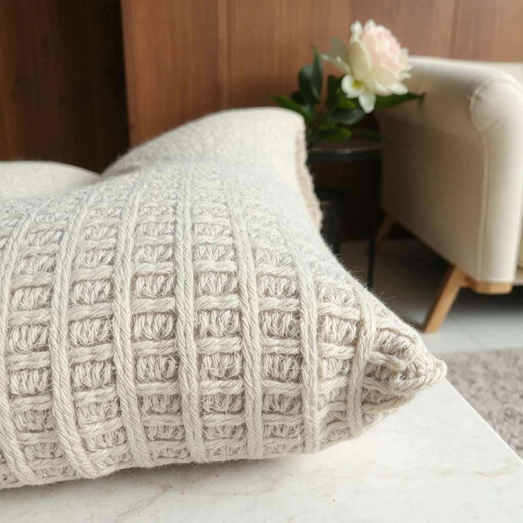 Close up detail of boucle fabric against stone and wood