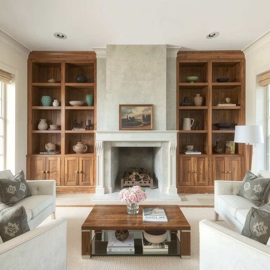 A minimalist plaster fireplace with ceramic decor