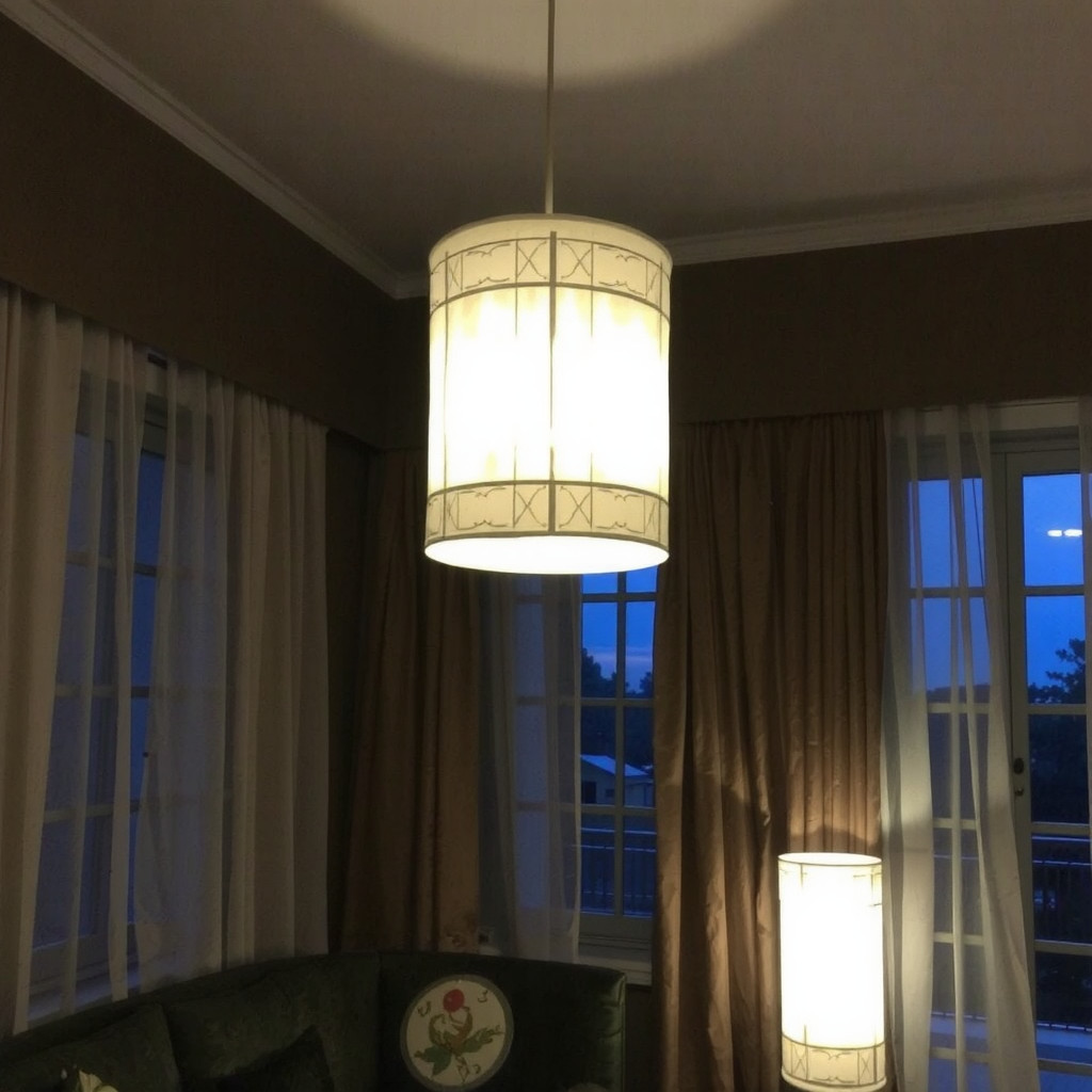 A cozy corner illuminated by a paper floor lamp