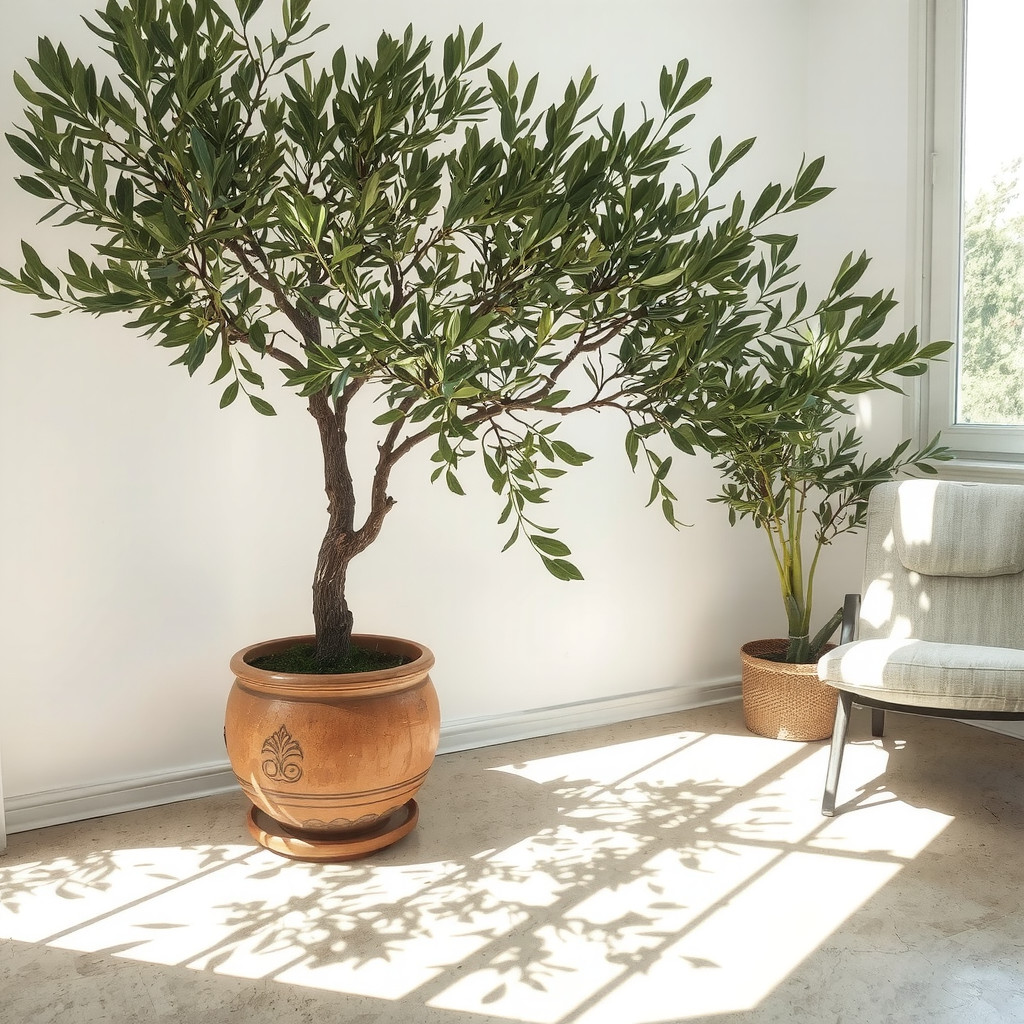 A large indoor olive tree in a sunlit corner