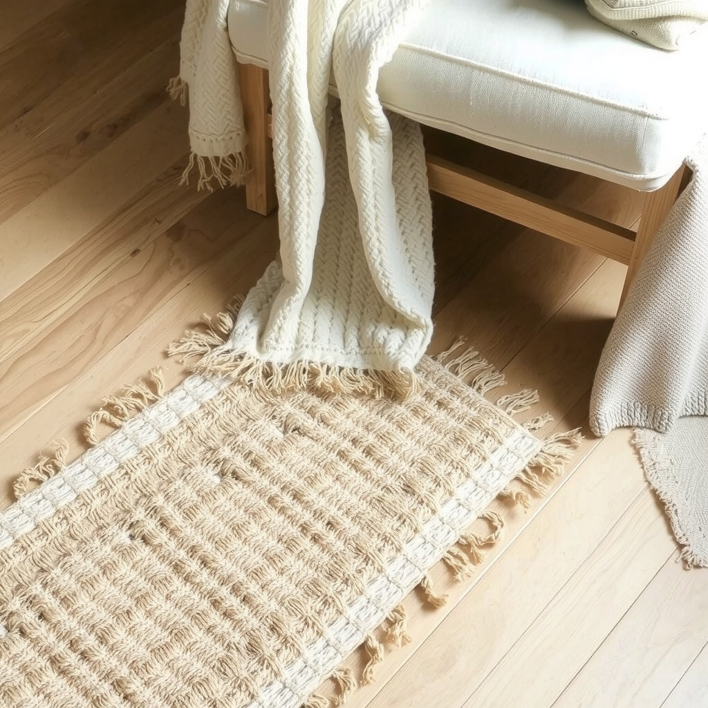 Close up of textured fabrics and jute rug