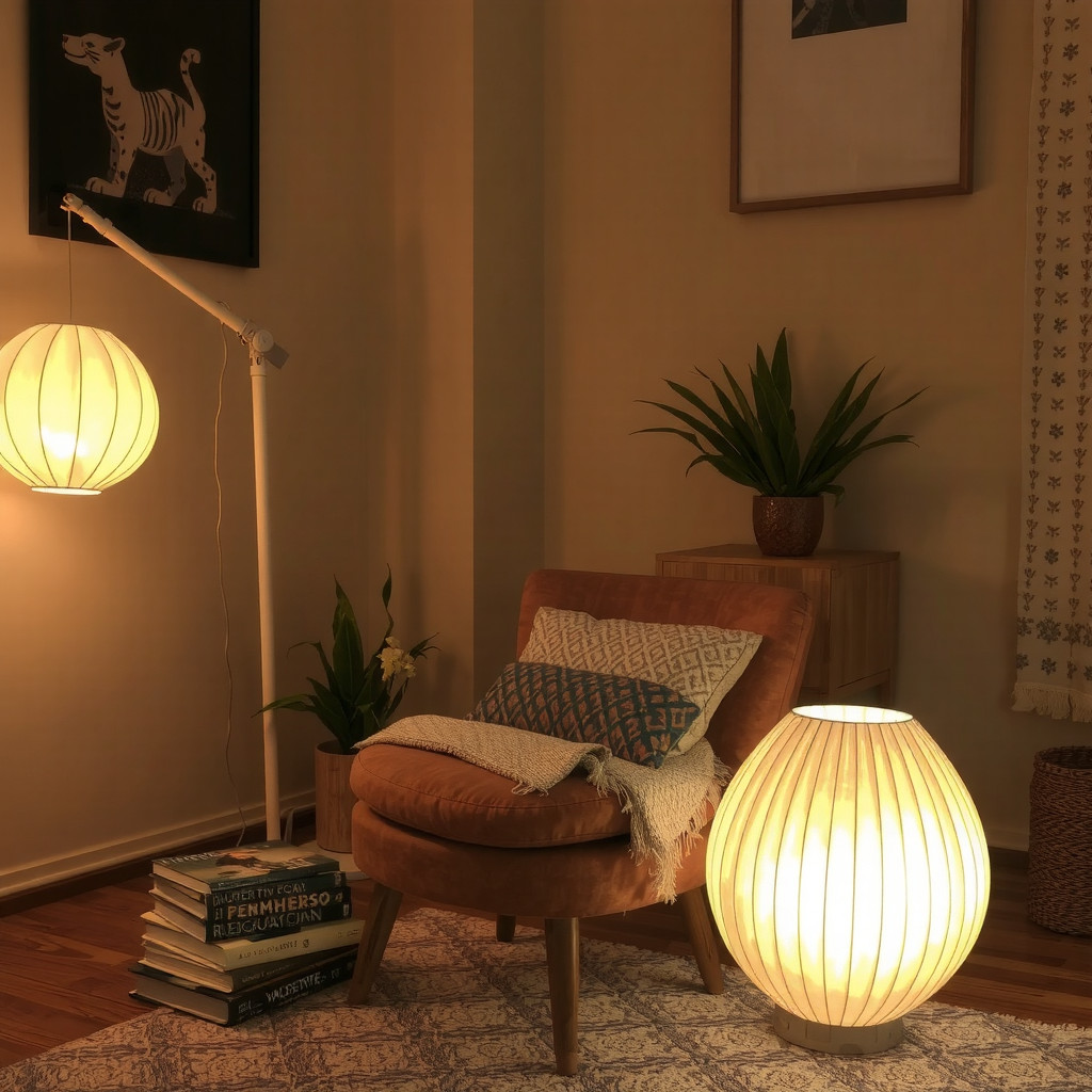 Cozy corner with warm paper lamp lighting