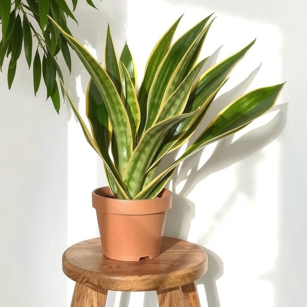 Potted snake plant on a wooden stool