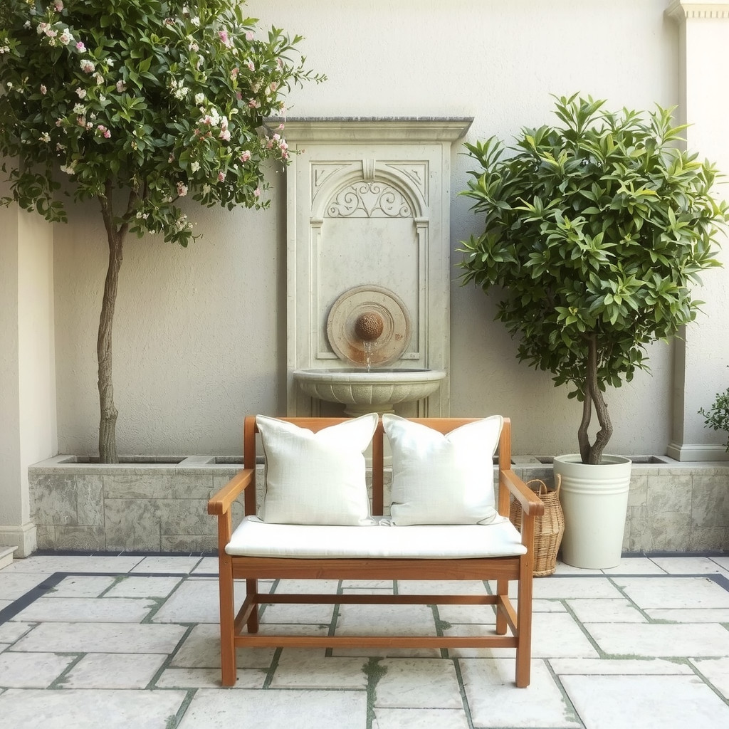 Cozy patio seating with wall-mounted fountain