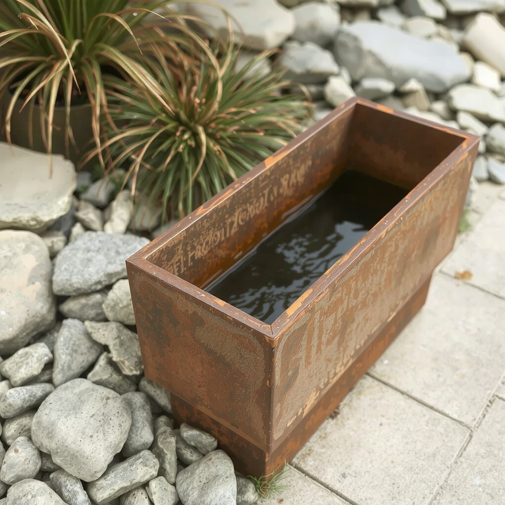 Corten steel water trough with river rocks