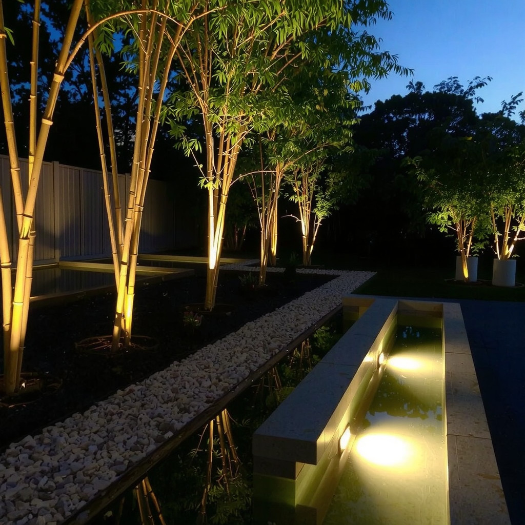 Illuminated modern water feature at night