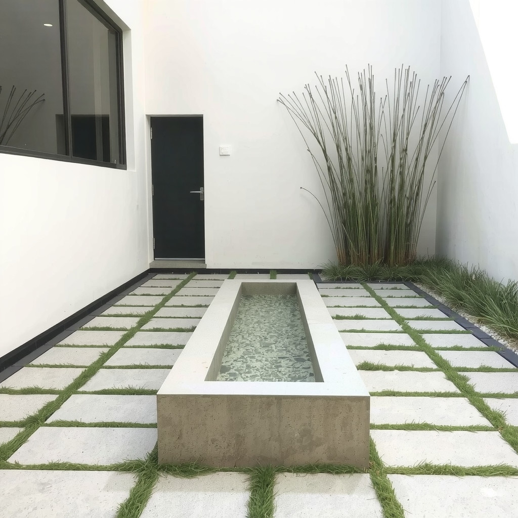 A modern courtyard layout with a rectangular water table positioned centrally among geometric pavers